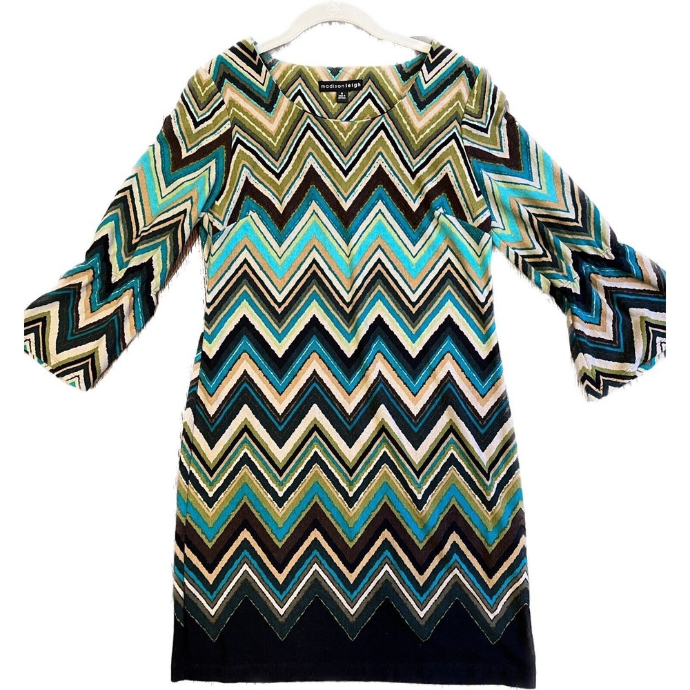 Madison Leigh‎ Chevron Green Brown Straight Midi Dress 6
